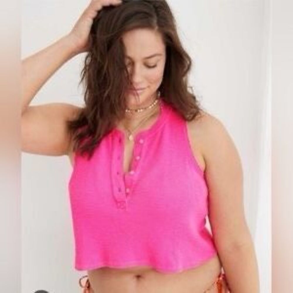 AERIE Women’s Pink Sleeveless Waffle Sunspun Henley Cropped Tank Top Size Medium